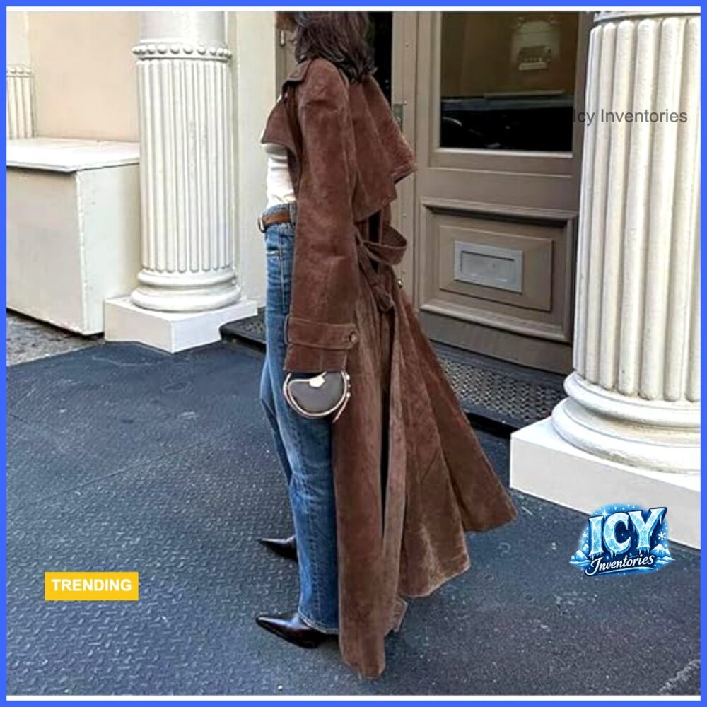Faux Suede Long Trench Coat Notched Lapel Double Breasted Pea Coat with Belt - Picture 3 of 7